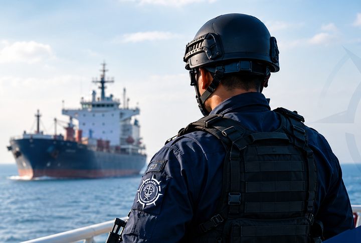 Marine security professional on a ship deck watching a cargo vessel at sea