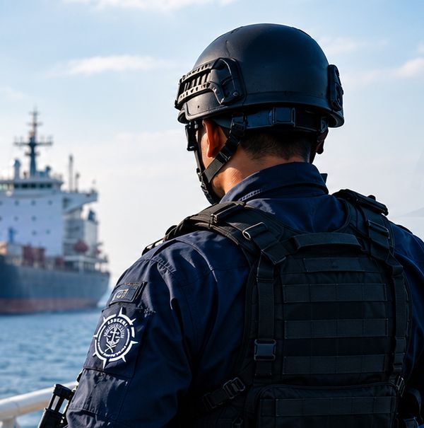 Marine security professional in navy uniform looking out to sea